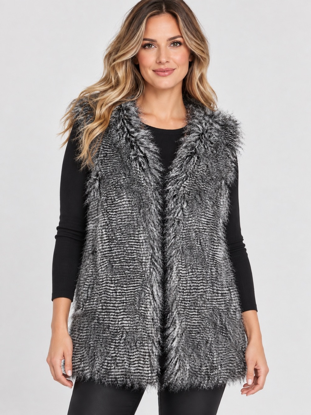 Design History Gray Faux Fur Open-Front Cardigan Vest